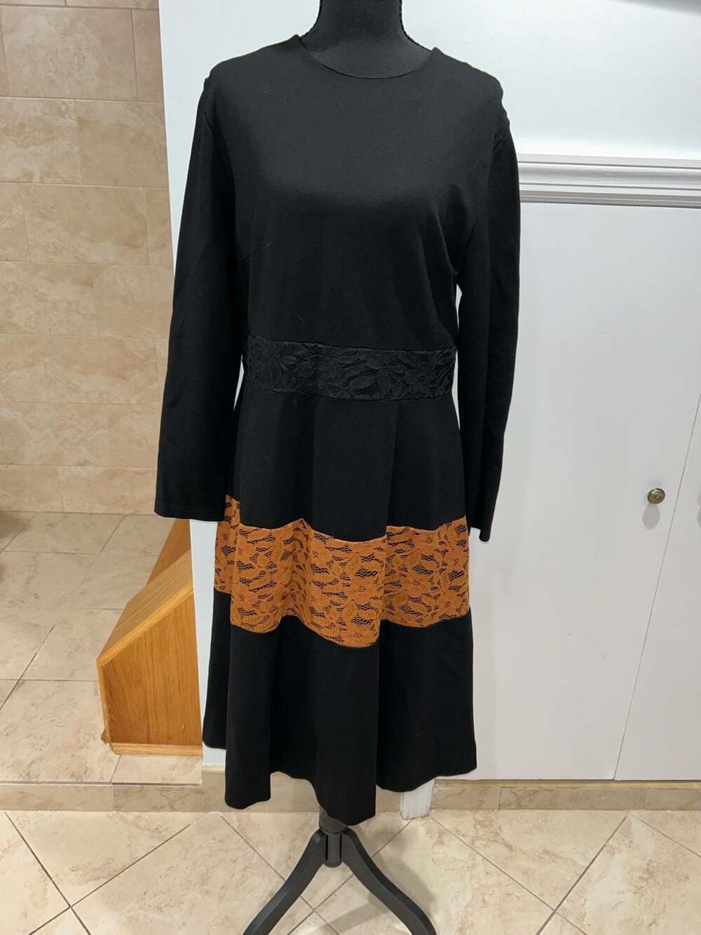 POSE Women's Black Long Sleeve Dress with Orange Lace Detail XL